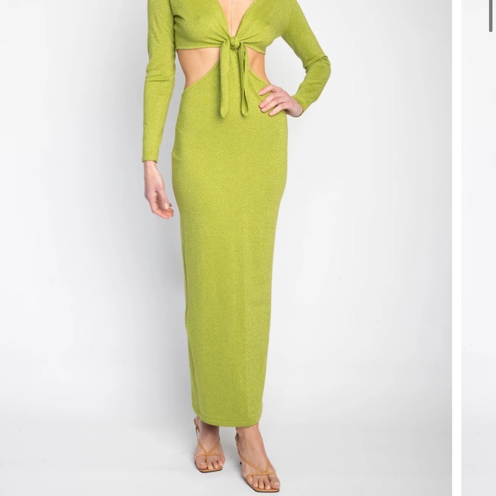 RESA Olive Green Long Sleeve Midi Dress with Front Tie